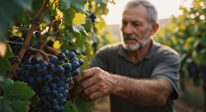 Elderly caucasian man harvesting ripe blue grapes in vineyard at sunset. Winemaking process, viticulture concept. Autumn wine grape picking season in rural countryside - Powered by Adobe
