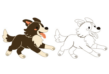 Flat style illustration of a cheerful dog in color and outline versions, perfect for pet-themed designs, childrens books, and printable coloring activities.