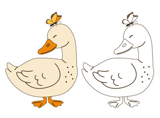 Flat style illustration of a cute duck with a butterfly on its head, shown in color and outline versions, perfect for coloring pages, childrens books, and farm-themed projects.