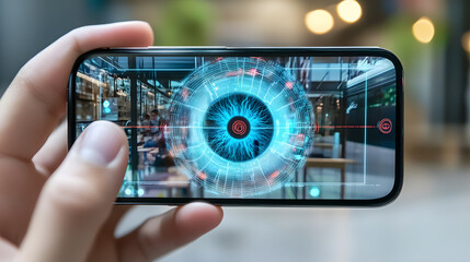 Close-up of a hand holding a smartphone displaying a futuristic iris scan interface. The screen shows a digital eye with technological overlays, suggesting biometric authentication or security.
