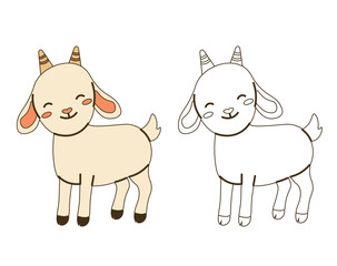 Flat style illustration of a cute baby goat with color and outline versions, ideal for coloring pages, childrens books, farm-themed projects, and educational designs.