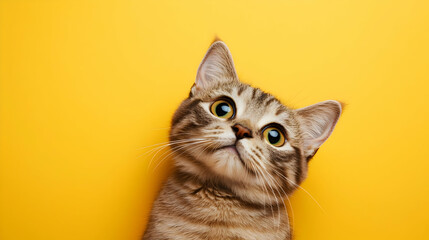 Obraz premium Curious Tabby Cat Portrait Against Bright Yellow Background