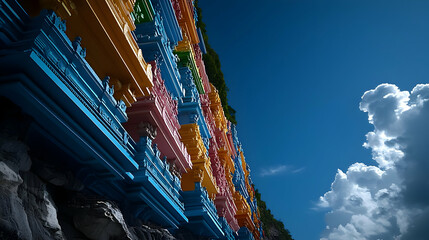 Obraz premium Colorful Geometric Building Facade Under Sunny Sky