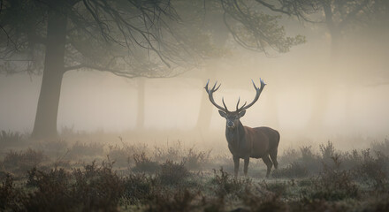 A majestic red deer stands alertly in a misty forest, its antlers illuminated against a backdrop of swirling fog and dense foliage.