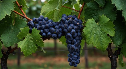 Fototapeta premium Ripe purple grapes hanging on vine in vineyard. Fresh fruit clusters with green leaves. Wine production concept. Harvest season. Agricultural landscape for winemaking industry