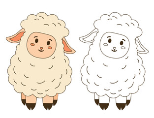 Flat style illustration of a cute sheep with fluffy wool and a matching outline version, ideal for childrens coloring pages, farm-themed designs, and educational projects
