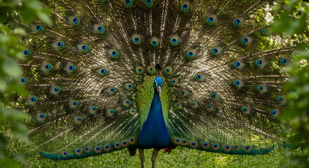 A male peacock displays its vibrant plumage, opening its fan-like tail in a lush green forest.