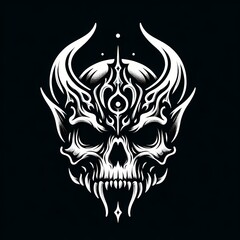 Stylized tribal skull with horns and swirling flame-like patterns in black and white