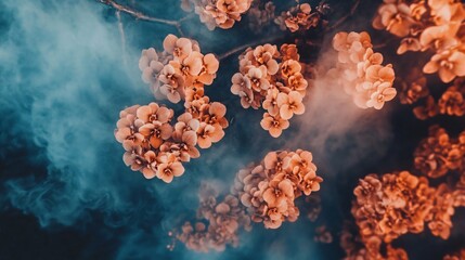 Peach Flowers Blooming with Light Blue Smoke Background Texture Effect