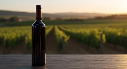 Bottle of red wine on wooden surface with blurred vineyard landscape at sunset. Wine tasting experience. Winery tourism and viticulture concept with copy space