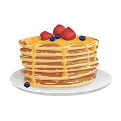 Pancake Illustration Stacked Pancakes with a Honey, Strawberries, and Blueberries