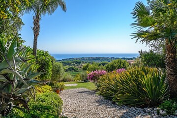 Fototapeta premium Mediterranean Garden Path Scenic Coastal View Stunning Landscape Exotic Plants Summer Day Bright Sunshine Beautiful Flowers Pebble Path Relaxing 