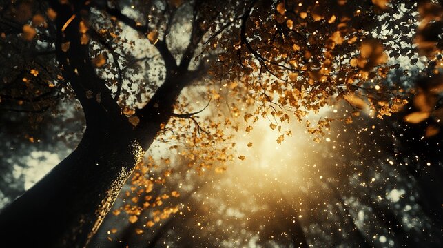 Autumnal Sunlight Through Golden Leaves: A Serene Forest Scene
