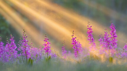 Naklejka premium Blooming Wildflowers Catching Sunbeams on Meadow Field at Golden Hour
