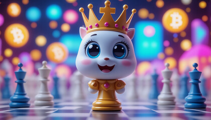 A charming cartoon cat wearing a golden crown stands proudly on a chess piece amidst a chess game with a bokeh background featuring bitcoin symbols.