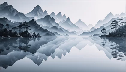 Fototapeten Misty mountain range reflecting in calm lake waters. Trees dot the landscape adding depth to the serene, blue and grey monochromatic scenery. © joeycheung