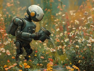 robot in flower field, muted colors, soft light, peaceful ambiance, whimsical style