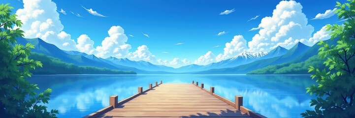 Obraz premium Serene Lakeside View with Dock and Mountain Range