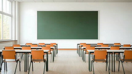 Empty Classroom With Orange Chairs And Greenboard