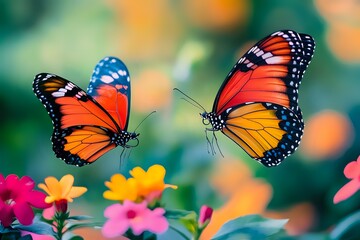 Fototapeta premium Two Orange And Black Butterflies Flying Above Colorful Flowers