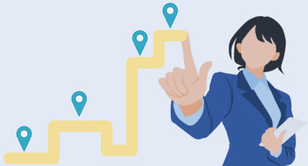 アイコンをタップするビジネスウーマンのイラスト	
