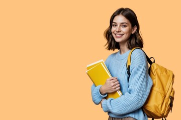 woman student girl with shoulder length brown hair wearing a light blue ribbed sweater against a vivid orange background school concept copyspace
