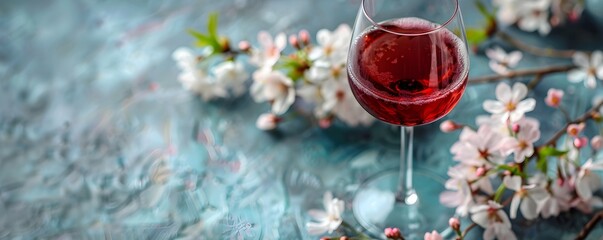 Glass of red wine with spring cherry blossom branches on blue textured background. Romantic wine tasting concept. Seasonal beverage for celebration or relaxation.