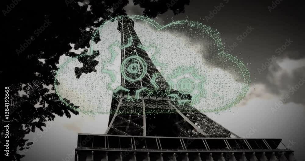 Poster eiffel tower with digital cloud and gears animation overlaying structure