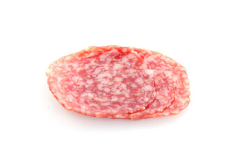 Slices of tasty smoked sausage on white background