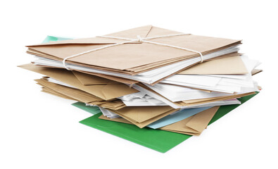 Stack of different paper envelopes on white background. Post office