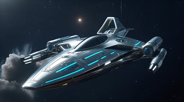 Futuristic spaceship flying through deep space with glowing engines. A sleek, high-tech spacecraft speeding past stars, symbolizing space exploration and advanced interstellar travel.	
