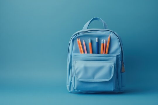 Back to school background. A blue bag with pencils. isolated on blue background