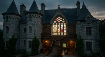 Naklejka premium A grand, gothic castle with a stained-glass window glows in the twilight, surrounded by lush greenery. The building's intricate stonework and gothic architecture are highlighted by the dramatic sky.