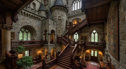 A grand, opulent interior of a castle features a soaring stone staircase and multiple levels, showcasing rich wood and stained glass windows.