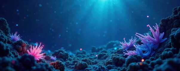 Fototapeta premium Deep ocean surface with bioluminescent creatures, ocean view, dark blue water
