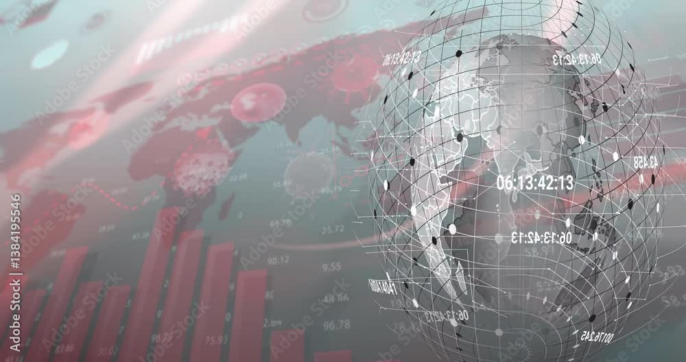 Poster animated digital globe with data points and bar graphs in school setting