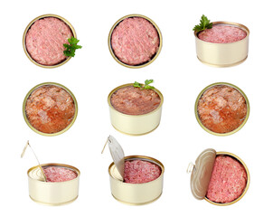 Different canned meat in tin cans isolated on white, set