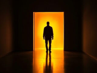 Obraz premium shadowy figure in doorway, warm light, dark corridor, mysterious atmosphere, surreal scene