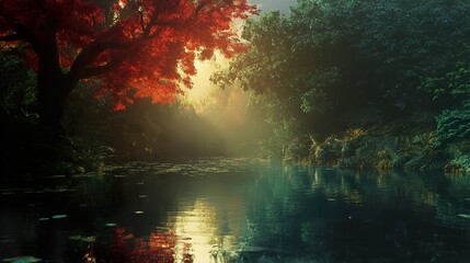 Autumn River Landscape: Red and Green Trees Reflecting in Calm Water