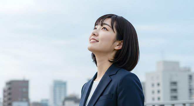 Japanese businesswoman smiling up at the sky, AI generated