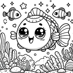 Cute Kawaii Sea Fish Cartoon Character Vector Illustration
