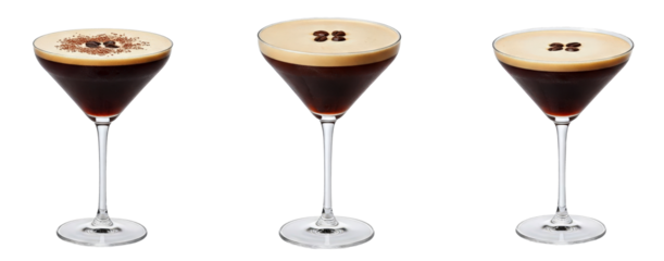 Set of exotic cocktail, Espresso Martini cocktails set, coffee beans garnish on top, transparent PNG, bundle, isolated background. Mixing, bar menu alcohol cocktails in coupe cup and martini glass.