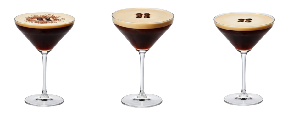 Set of exotic cocktail, Espresso Martini cocktails set, coffee beans garnish on top, transparent PNG, bundle, isolated background. Mixing, bar menu alcohol cocktails in coupe cup and martini glass.