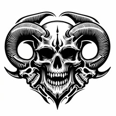 Demonic skull with curved horns and tribal patterns in black and white tattoo style