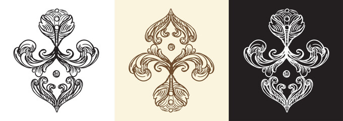 Set of hand drawing design elements. Vector isolated illustration. Vintage decorative baroque monogram, architectural detail in old fashioned style for decoration, cards, wedding, print and design