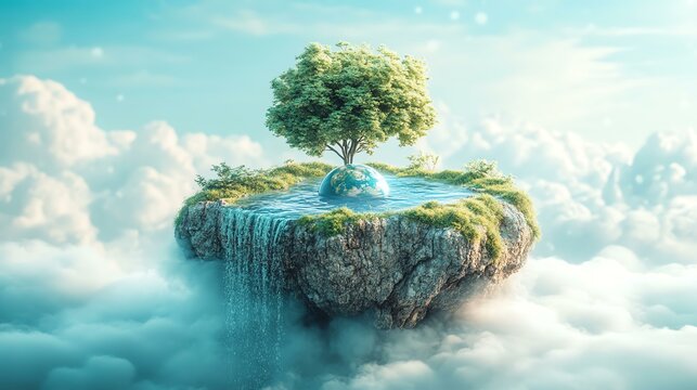 Surreal tree island in cloudy sky with waterfall.
