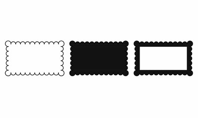 Scalloped rectangle frame icon set. Black and white vector design, perfect for labels, stamps, decorative borders, and graphic elements. Includes outline, solid, and mixed styles