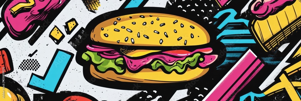 Fototapete memphis style pop-art composition with floating abstract food shapes and colorful geometric elements