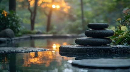 Zen stone stack with water reflection in a tranquil garden setting at sunset