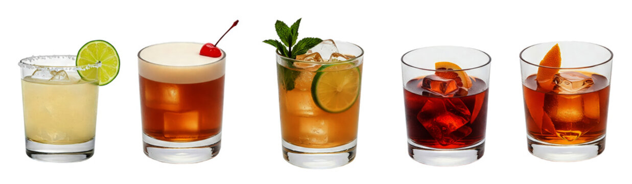 Set of exotic cold cocktails, Martini, Old Fashioned, Whiskey sour, Negroni, Mai Tai mojito cocktail transparent PNG bundle, isolated background cut out. Alcohol mixed drinks for menu, bar, restaurant